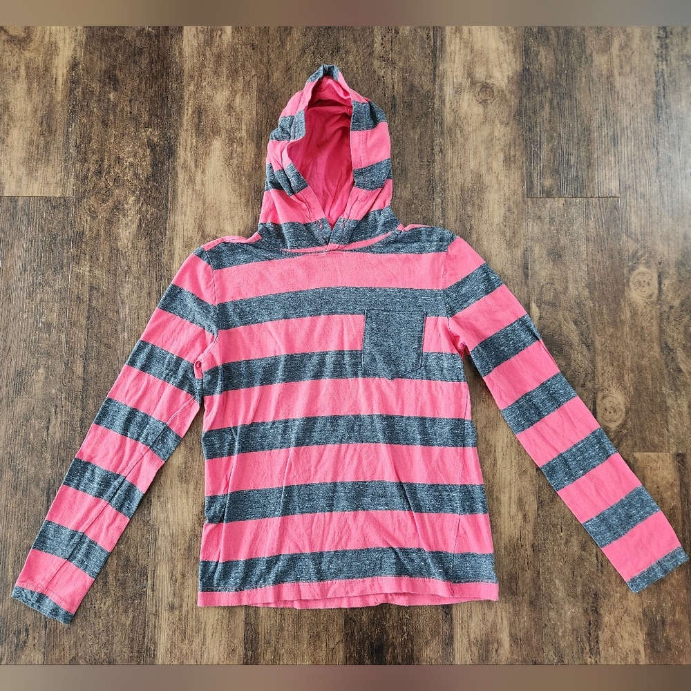 Aeropostale Striped Pink and Gray Hooded Long Sleeve Tee Small